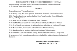 Decision no. 367-KT/CTN of November 15, 1994 on awarding the title of people's teacher promulgated by The President of the Socialist Republic of Vietnam