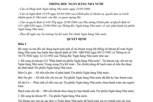 Quyết định 288/QĐ-NH2 bổ sung tài khoản vào hệ thống tài khoản kế toán Ngân hàng Nhà nước 1994