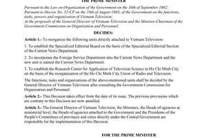 Decision no. 692-TTg of November 21, 1994 on establishing organization attached to vietnam television promulgated by The Prime Minister of Government