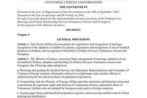 Decree no. 184-CP of November 30, 1994 stipulating the procedure of marriage, adoption of out-of- wedlock children, adoption of children, and tutorship of children between vietnamese citizens and foreigners promulgated by The Government