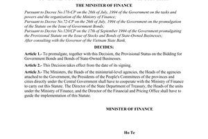 Decision no. 1179-TC/KBNN of December 05, 1994 promulgating the provisional statute on the bidding for government bonds and bonds of state-owned businesses promulgated by The Ministry of Finance