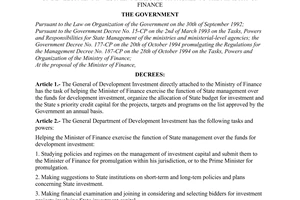 Decree no. 187/CP of December 10, 1994 on the tasks, powers and organization of the general department of development investment directly attached to the ministry of finance promulgated by The Government