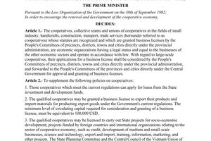 Decision no 763-TTg of December 19, 1994 on a number of policies for the cooperative economy (small industry, handicrafts, construction, transport, trade and services) promulgated by the Prime minister