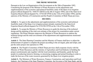 Decision No.772-TTg, on adjustments and supplementations of capital construction investment for the Quao river irrigation project. promulgated by the Prime Minister of Government.