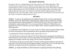 Decision No.774-TTg, on the adjustments and supplementations of capital construction investment for the Thach Nham irrigation project, promulgated by the Prime Minister of Government.