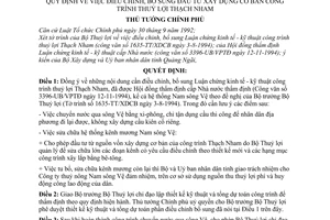 Quyết định 774-TTG  điều chỉnh, bổ sung đầu tư xây dựng cơ bản công trình thuỷ lợi thạch nham