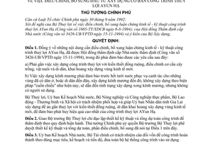 Quyết định  777-TTg  điều chỉnh, bổ sung đầu tư xây dựng cơ bản công trình thuỷ lợi AYUN hạ