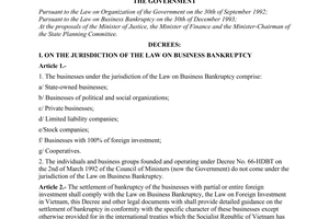 Decree no 189-CP of December 23, 1994 guiding the implementation of the law on business bankruptcy promulgated by the Government