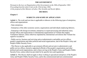 Decree no 195-CP of December 31, 1994 on detailed provisions and guidance for the implementation of a number of articles of the labor code on work and rest time promulgated by the Government