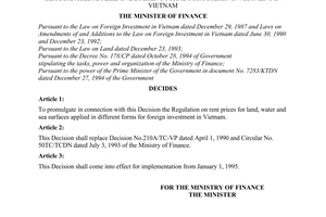 Decision No. 1417-TC/TCDN of December 31, 1994, on promulgating the regulation on rent prices for land, water and sea surfaces applied in different forms for foreign investment in Vietnam.