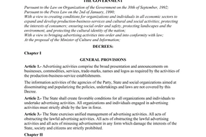 Decree no 194-CP of December 31, 1994 on advertising activities on vietnamese territory promulgated by the Government
