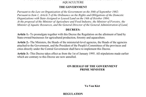 Decree No. 01-CP of January 04, 1995, promulgating the regulation on the allotment of land by state-owned businesses for agricultural production, forestry and aquaculture