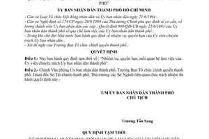 Quyết định 154/QĐ-UB-TH quy định tạm thời về: “Nhiệm vụ, quyền hạn, mối quan hệ làm việc Ủy viên chuyên trách Ủy ban nhân dân thành phố”