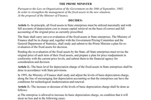 Decision No. 51-TTg of January 21, 1995, setting regimes for basis discount on fixed assets in state enterprises