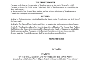 Decision No. 61-TTg of January 24, 1995, on the issue of the statute on the organization and activities of the state audit