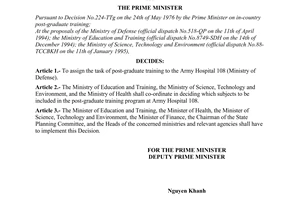 Decision No. 68-TTg of January 26, 1995, assigning the task of post-graduate training to the army hospital 108