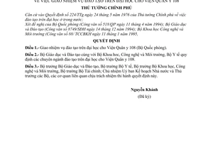 Quyết định 68/TTg giao nhiệm vụ đào tạo trên đại học cho viện quân y 108