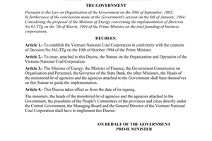 Decree No. 13-CP of January 27, 1995, on the establishment of the Vietnam national coal corporation and the issue of the corporation's statute