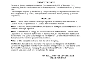 Decree No. 14-CP of January 27, 1995, setting up the Vietnam electricity corporation and issuing its statute