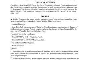 Decision No. 73-TTg of February 04, 1995, to approve the master plan for protection forests in the upstream area of the lower ayun irrigation project (Gia Lai province)
