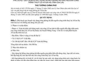 Quyết định 73-TTg phê duyệt quy hoạch xây dựng rừng phòng hộ đầu nguồn công trình thuỷ lợi Ayun hạ (tỉnh Gia Lai)