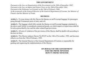 Decree No. 17-CP of February 06, 1995, issuing the quotas on tariff-exempt baggage for passengers at Vietnamese ports of entry and exit