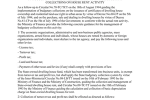 Circular No. 12-TC/TCT of February 11, 1995, providing additional guidance for Circular No.70-TC/TCT on the 18th of August 1994 on the implementation of state budgetary collections on house rent activity