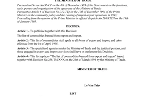 Decision No. 96-TM/XNK of February 14, 1995, publicizing the list of commodities banned from export and import