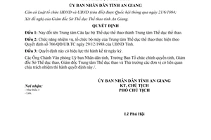 Quyết định 94/QĐ.UB.TC năm 1995 đổi tên Trung tâm Câu lạc bộ thành Trung tâm thể dục thể thao An Giang