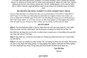 Quyết định 100/NN-BVTV/QĐ thủ tục thẩm định sản xuất, gia công đăng ký, xuất, nhập khẩu, lưu chứa, tiêu huỷ, nhãn thuốc, bao bì thuốc bảo vệ thực vật