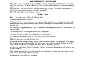 Quyết định 123/TM-XNK Quy chế hàng hoá Vương quốc Cam-pu-chia quá cảnh lãnh thổ Việt Nam bổ sung Quyết định 1162/TM-XNK