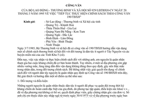 Công văn 929/LĐTBXH-CV tiếp tục thực hiện chính sách theo công văn 190/TBXH