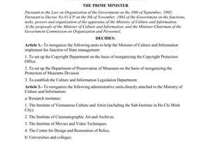 Decision No. 123-TTg of March 01, 1995, on the reorganization of the units directly attached to the Ministry of Culture and Information