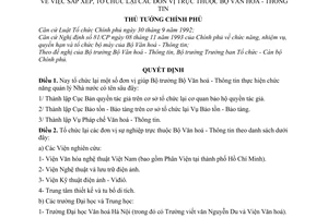 Quyết định 123-TTg sắp xếp, tổ chức đơn vị thuộc Bộ Văn hoá - thông tin