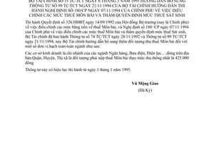 Thông tư 15 TC/TCT điều chỉnh mức thuế môn bài thẩm quyền định mức thuế sát sinh bổ sung Thông tư 99 TC/TCT hướng dẫn thi hành Nghị định 180/CP