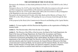 Decision No. 61-QD/NH19 of March 08, 1995, on the promulgation of the regulation on the organization of bidding for treasury bonds