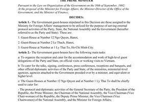 Decision No. 136-TTg of March 09, 1995, on the management and utilization of the Government guest-houses