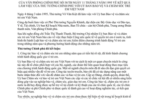 Thông báo 38/TB kết quả làm việc Thủ tướng Chính phủ Uỷ ban Bảo vệ chăm sóc trẻ em Việt Nam