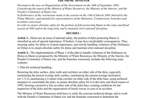 Decision No. 158-TTg of March 16, 1995, on handling violations of the ordinance on dykes in Hanoi