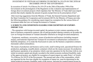 Circular No. 20-TC/TCT of March 16, 1995, guiding the consideration for exemption of import and export tax for the various forms of investment under the law on foreign investment in vietnam according to Decree No.191-CP on the 28th of December 1994 of the Government