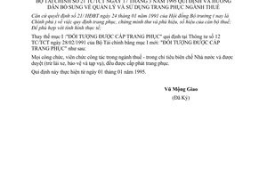 Thông tư 21 TC/TCT quy định hướng dẫn bổ sung quản lý sử dụng trang phục ngành thuế