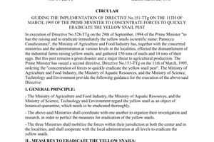Joint circular No. 04-LB/TT of March 22, 1995, guiding the implementation of Directive No.151-TTg on the 11th of March, 1995 of the Prime Minister to concentrate forces to quickly eradicate the yellow snail pest
