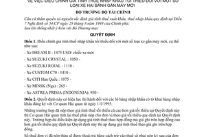 Quyết định 234 TC/TCT/QĐ điều chỉnh giá tính thuế nhập khẩu tối thiểu loại xe hai bánh gắn máy mới