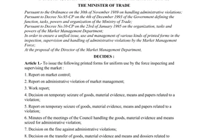 Decision No. 270-TM/QLTT of March 30, 1995, on issuing printed forms used by the market management force in inspecting, supervising and imposing administrative fines