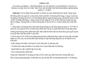 Công văn 1154/LĐTBXH-CV thủ tục lập hồ sơ thương binh, bệnh binh hạng 1, 2 chết