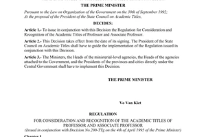 Decision No. 200-TTg of April 04, 1995, to issue the regulation for consideration and recognition of the academic titles of professor and associate professor