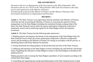 Decree No. 25-CP of  April 05, 1995, on the tasks, powers and organization of the state treasury directly attached to the Ministry of Finance
