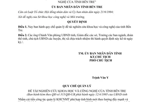 Quyết định 315/QĐ-UB 1995 quy chế quản lý đề tài nghiên cứu khoa học công nghệ Bến Tre
