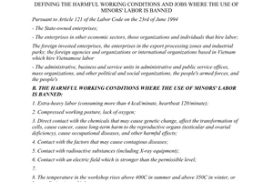 Inter-ministerial circular No. 09-TT/LB of April 13, 1995, defining the harmful working conditions and jobs where the use of minors' labor is banned
