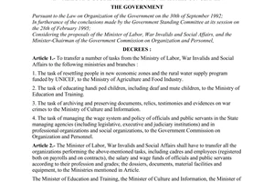 Decree No. 26-CP of April 17, 1995, on transferring a number of tasks from the Ministry of Labor, war invalids and social affairs to the ministries concerned
